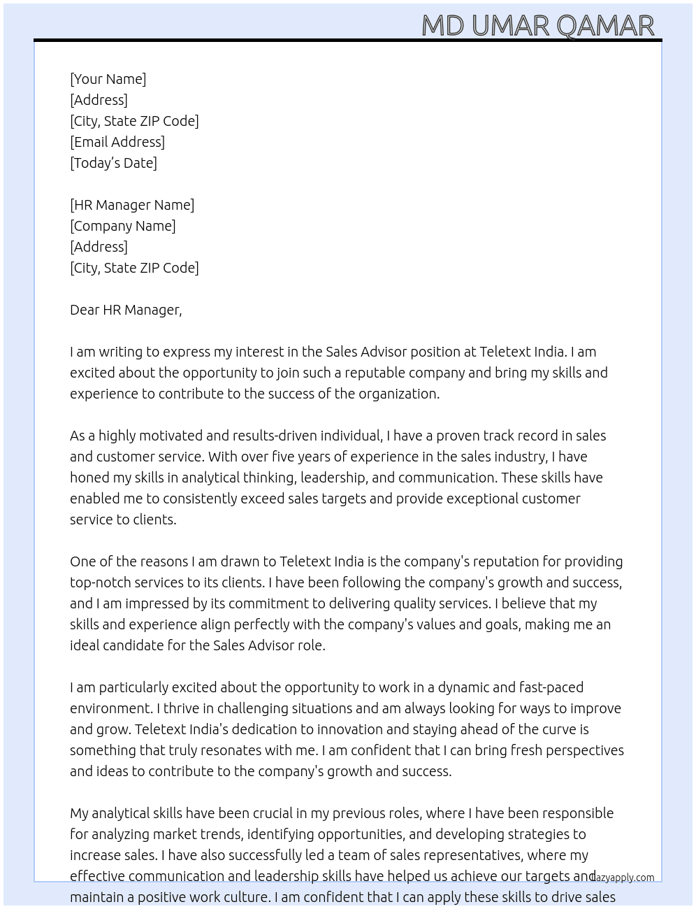 Sales Advisor  At Teletext India  Cover Letter