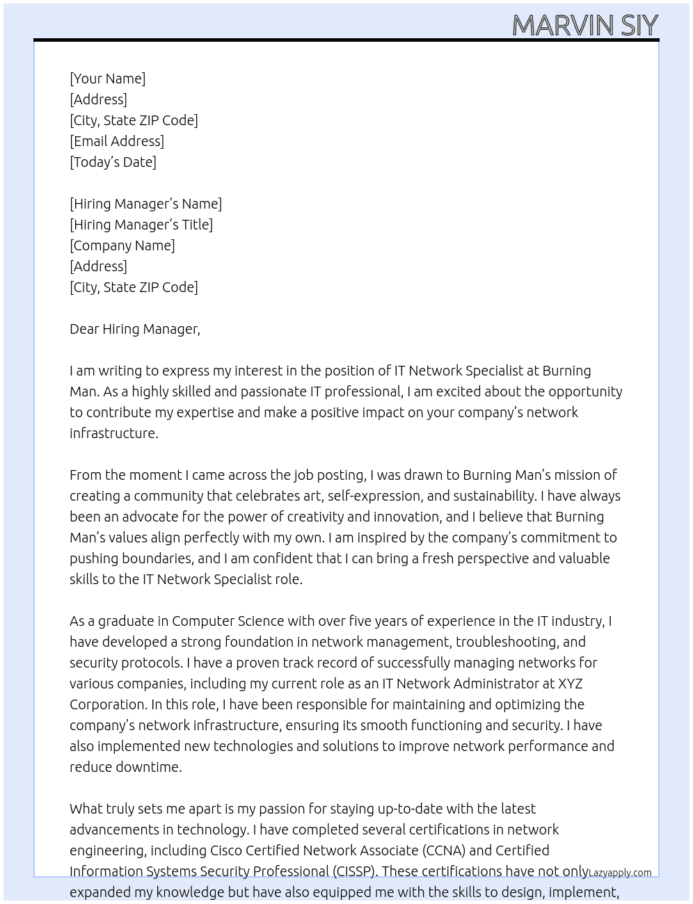 IT Network specialist At Burning Man Cover Letter