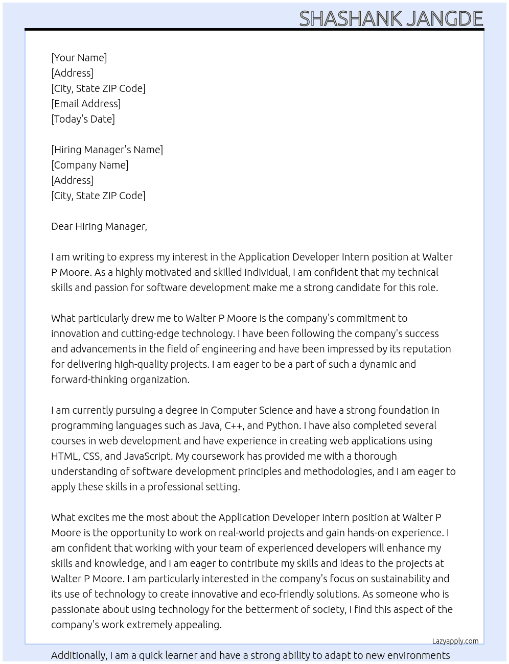 Application developer intern At Walter p moore Cover Letter