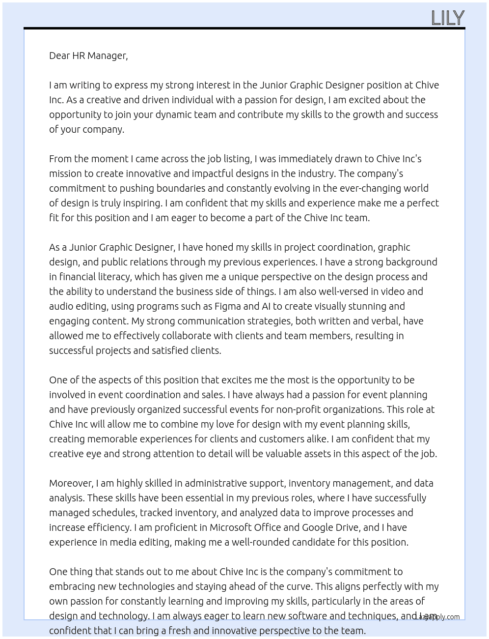 Junior Graphic Designer At Chive Inc Cover Letter