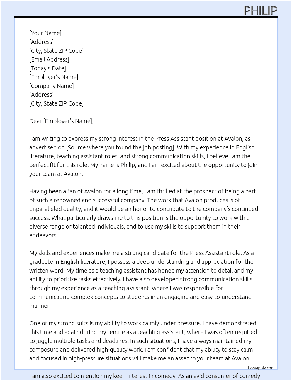 Press Assistant At Avalon Cover Letter