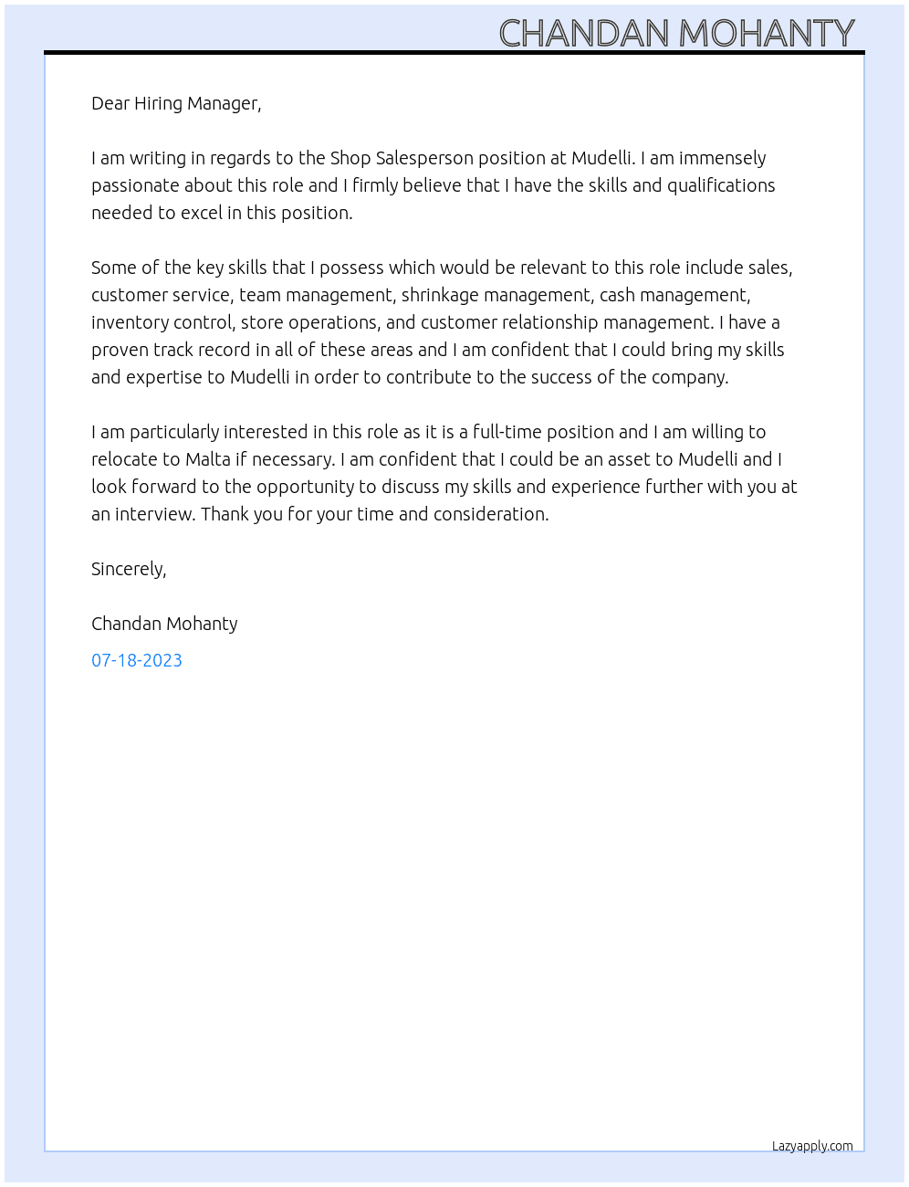 Shop Salesperson At Mudelli Cover Letter