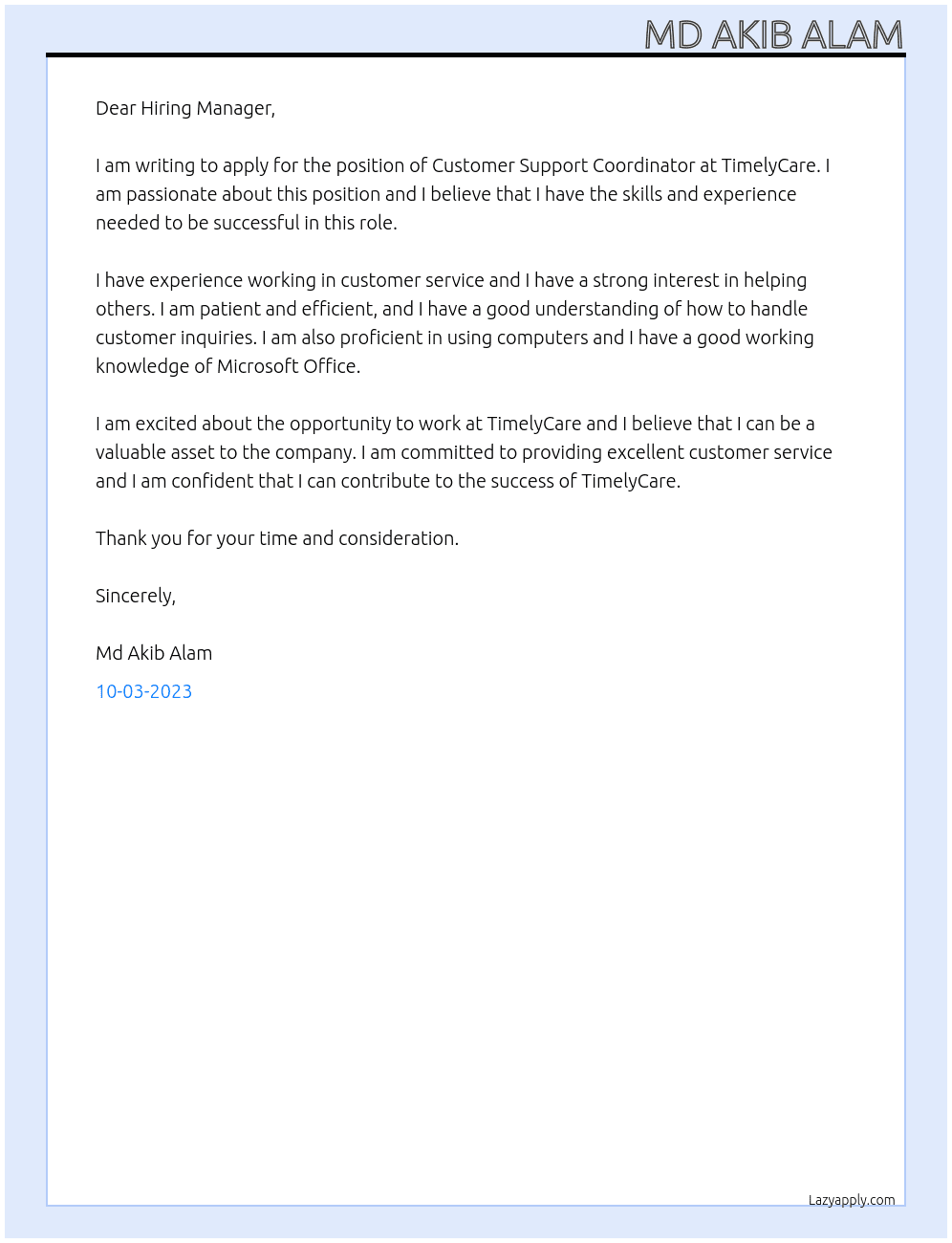 Customer Support Coordinator At TimelyCare Cover Letter