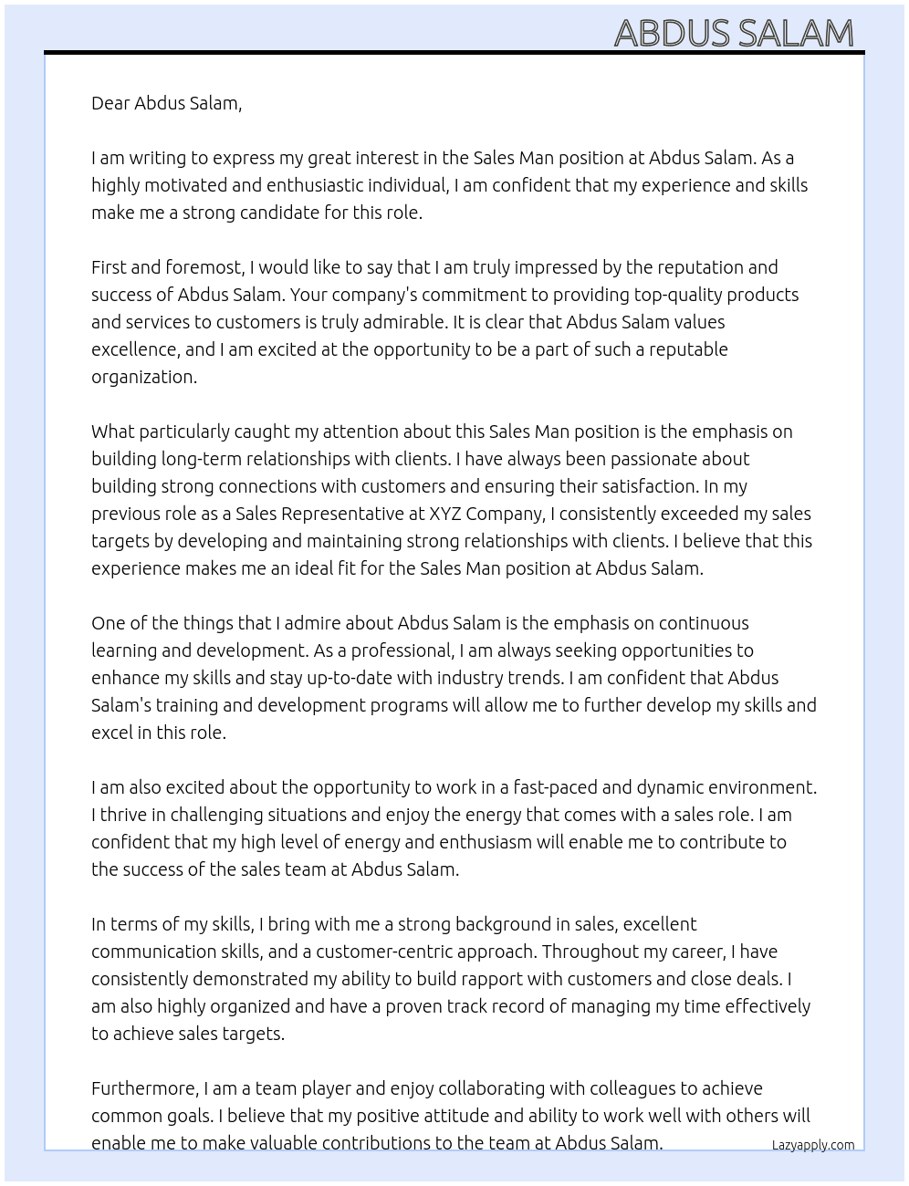 Sales Man At abdus salam  Cover Letter