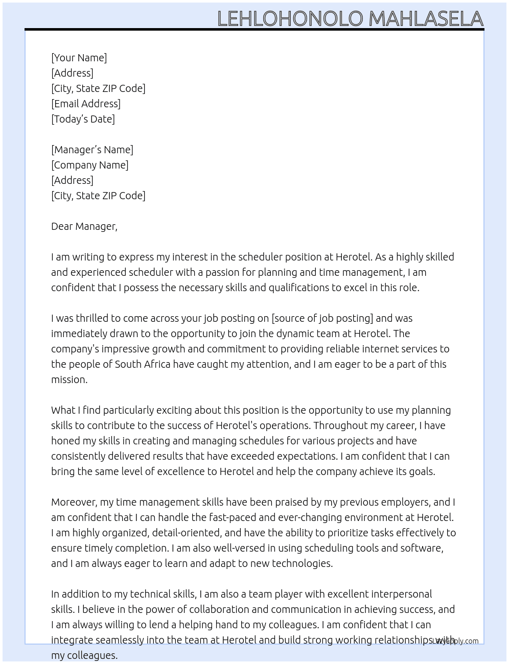 scheduler At Herotel Cover Letter