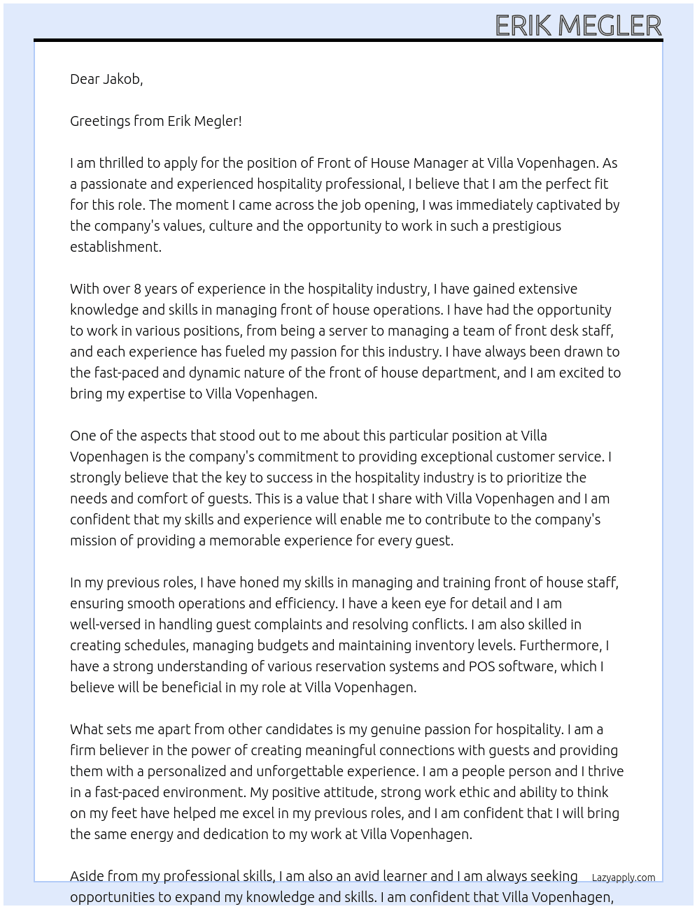 Front Of House Manager At Villa Vopenhagen Cover Letter