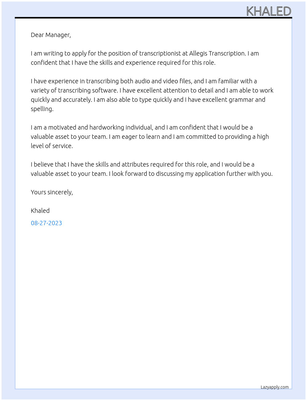 Transcriptionist At Allegis Transcription Cover Letter