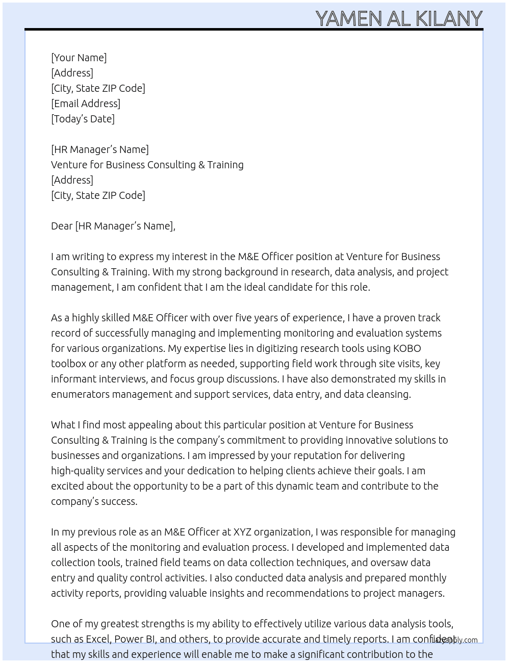 M&E Officer At Venture for Business Consulting& Training Cover Letter