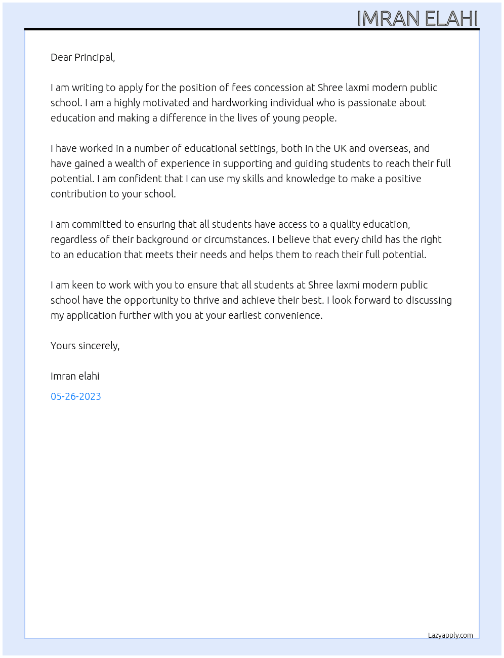 Application for fees concession At Shree laxmi modern public school  Cover Letter