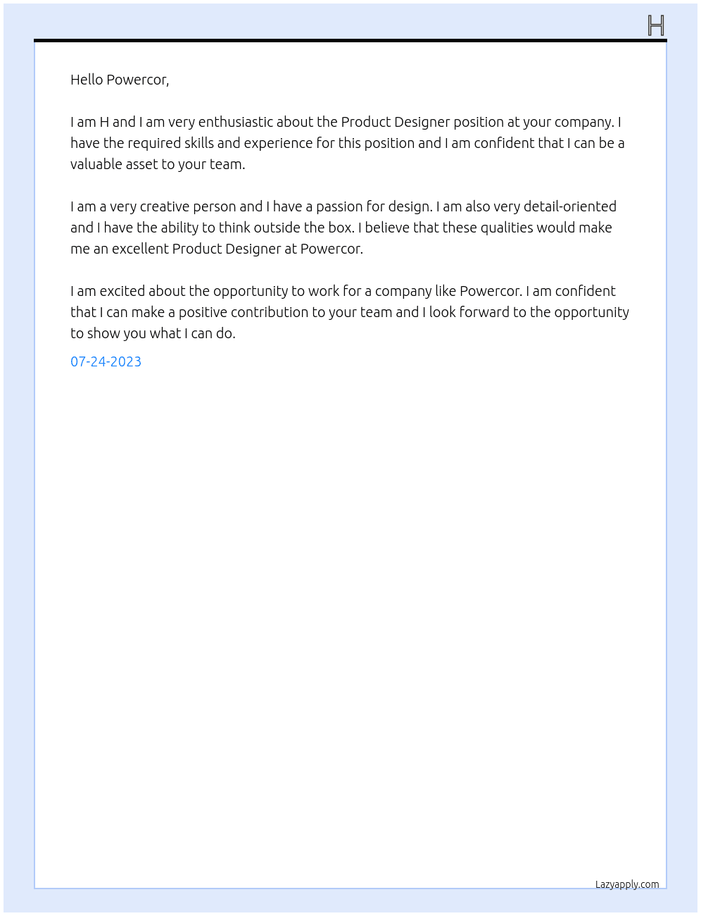 Product Designer At Powercor Cover Letter