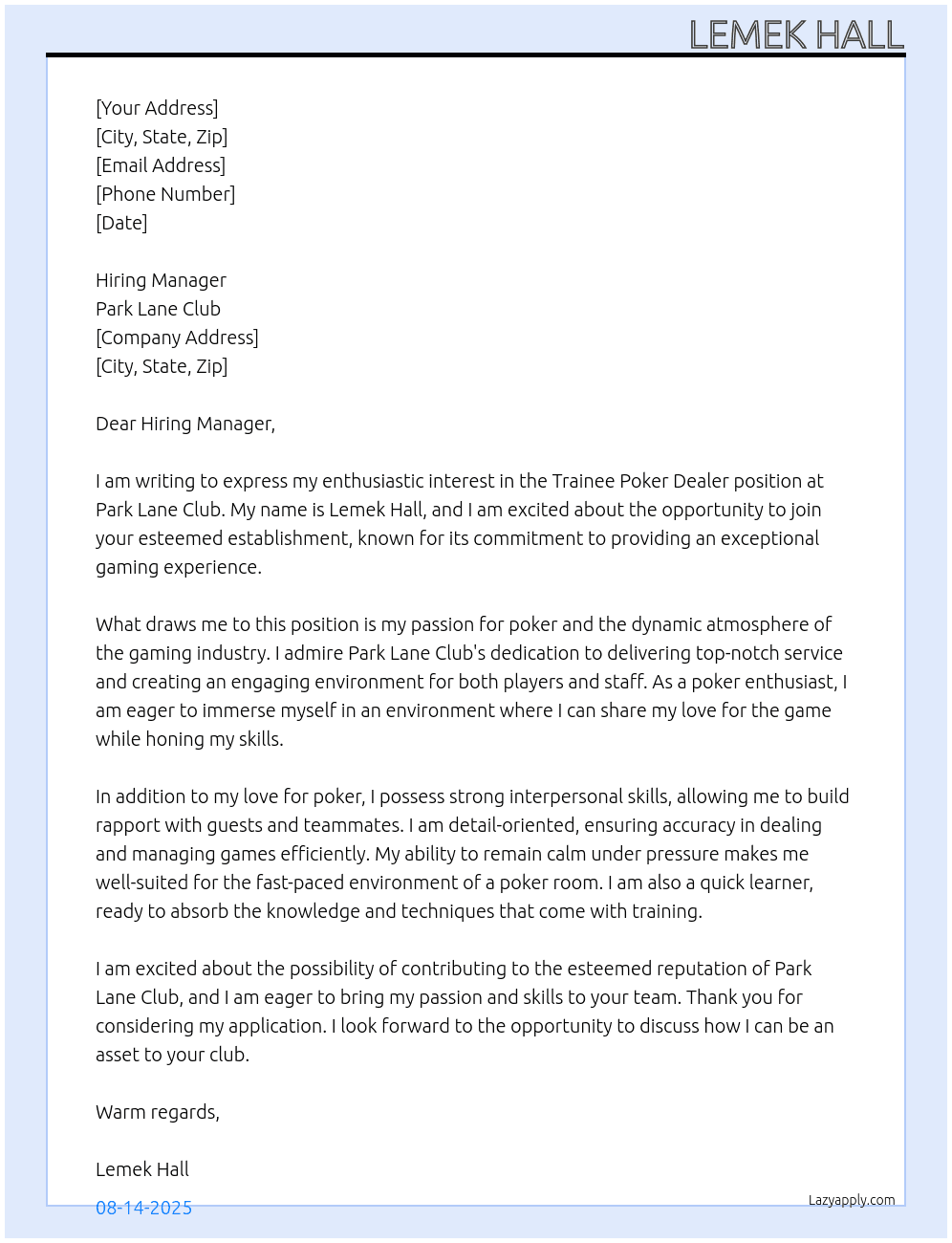 Trainee Poker Dealer At Park Lane Club Cover Letter