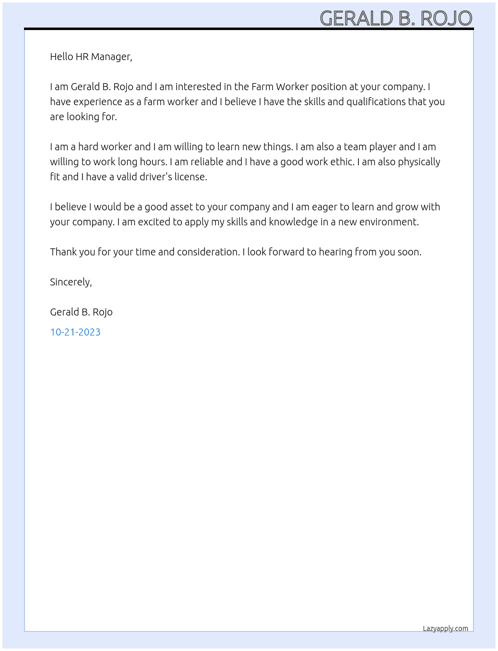 Farm Worker At Gerald B. Rojo Cover Letter