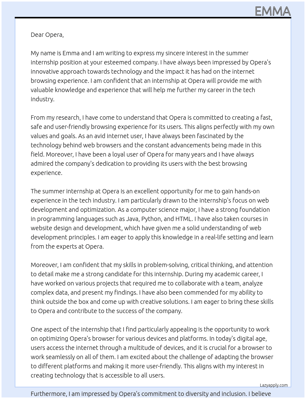 Summer internship At Opera Cover Letter