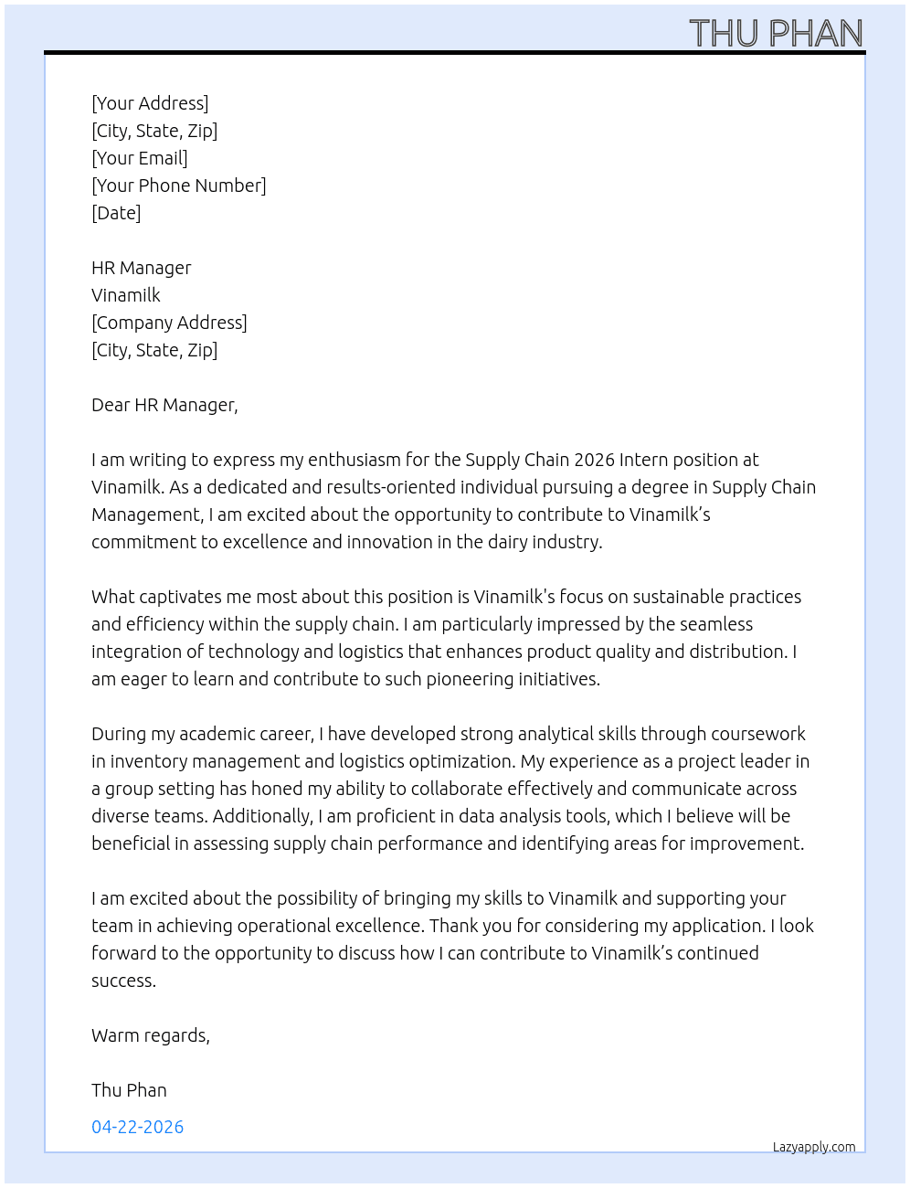  Supply Chain 2026 Intern At Vinamilk Cover Letter