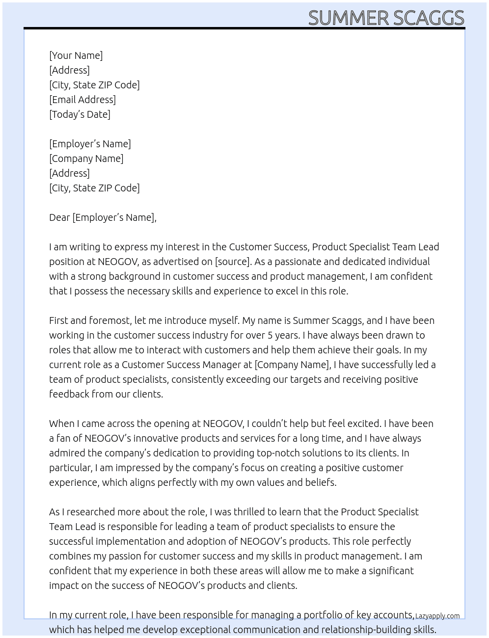 Customer Success, Product Specialist Team Lead At NEOGOV Cover Letter