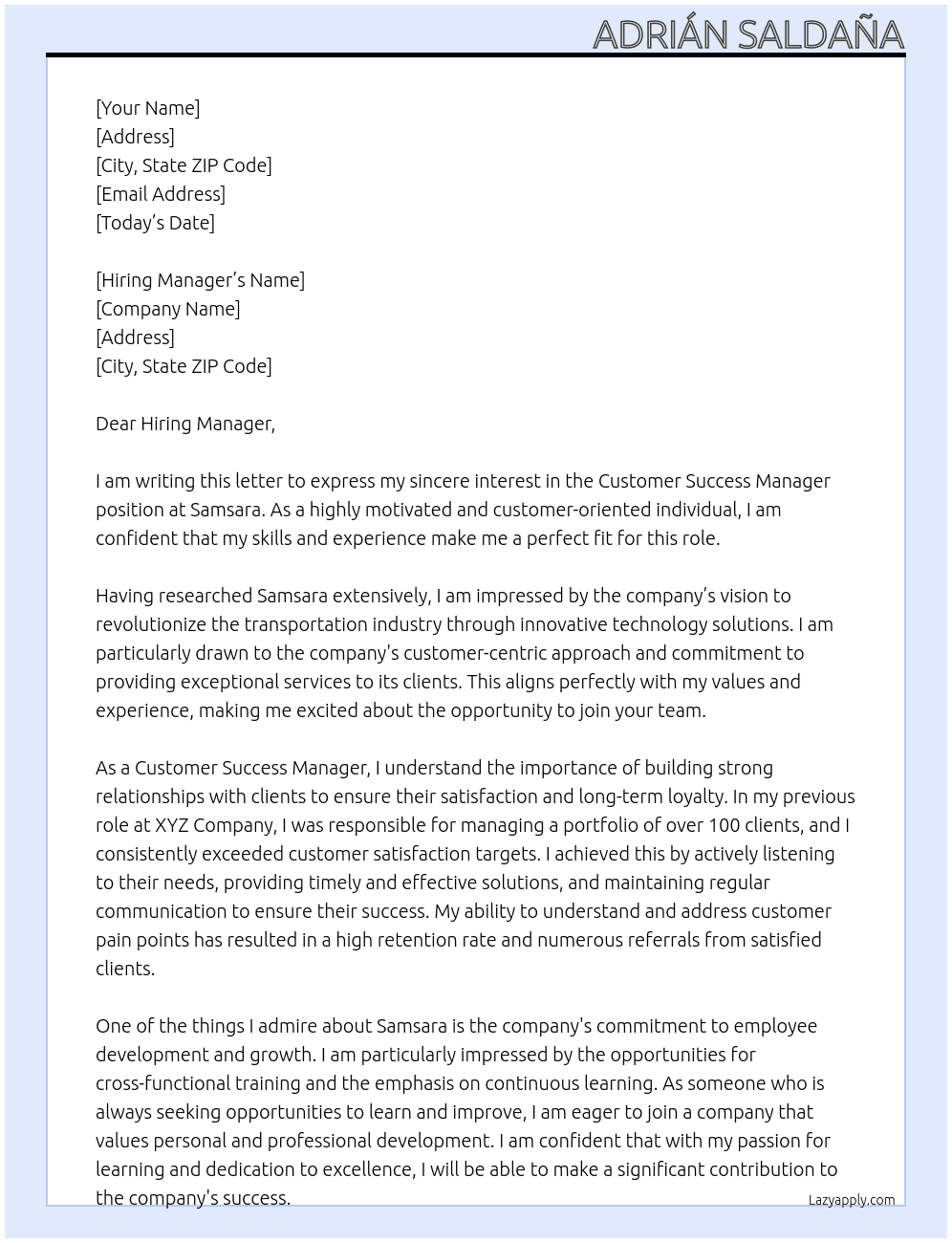 Customer Success Manager At Samsara Cover Letter