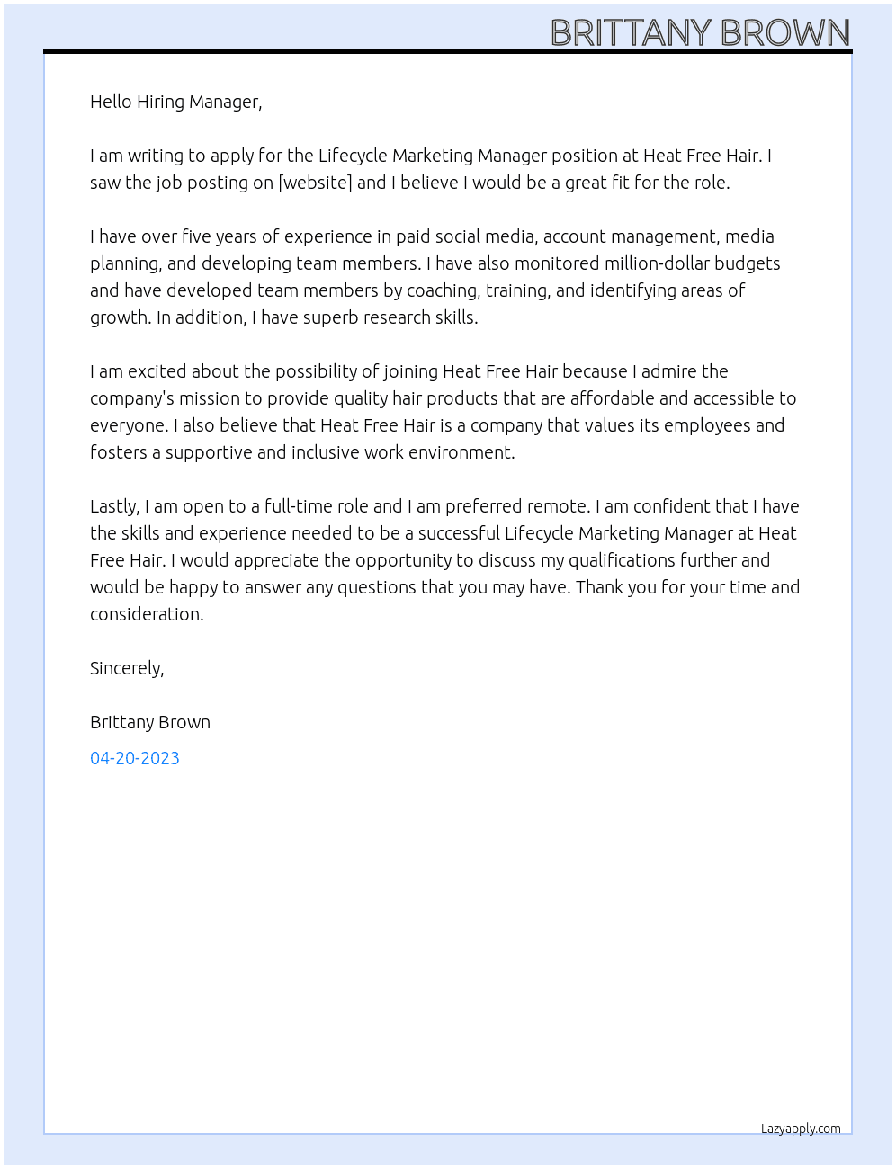 Lifecycle Marketing Manager At Heat Free Hair Cover Letter