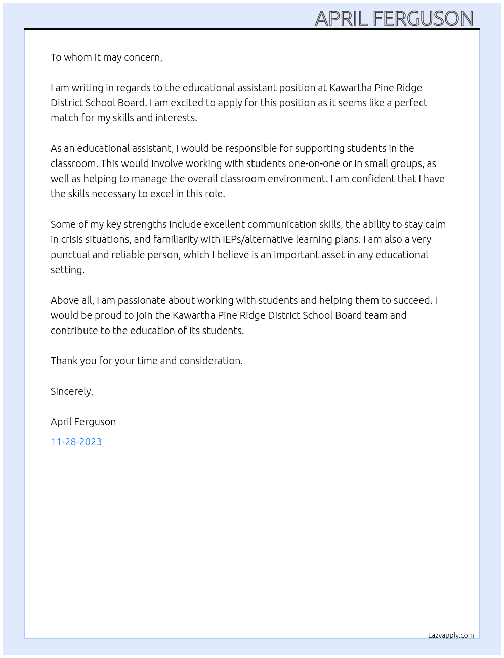 Educational Assistant  At Kawartha Pine Ridge District School Board  Cover Letter