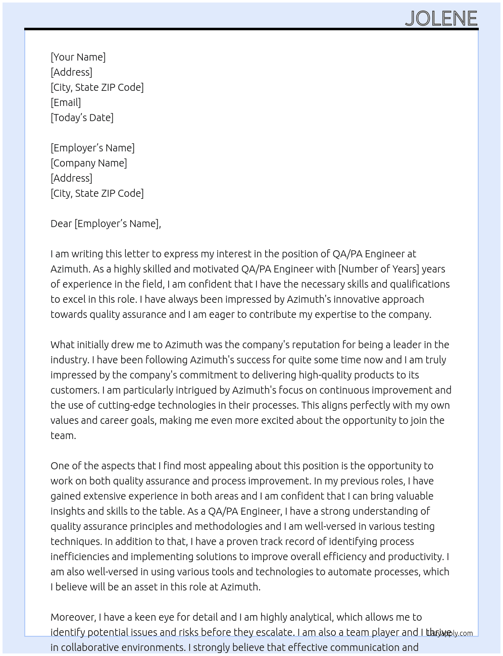 QA/PA Engineer At Azimuth Cover Letter