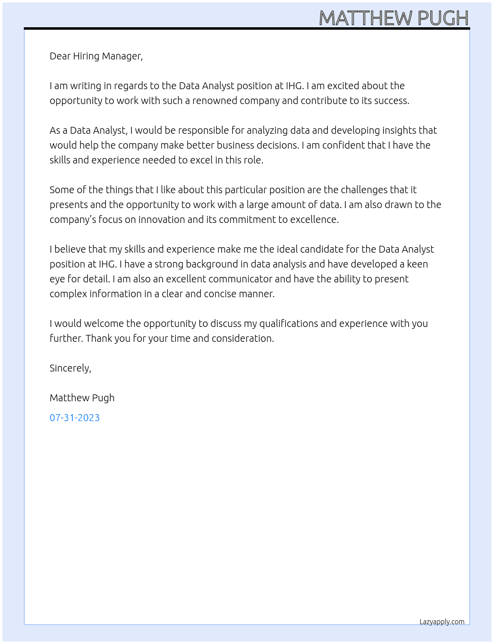 Data Analyst At IHG Cover Letter