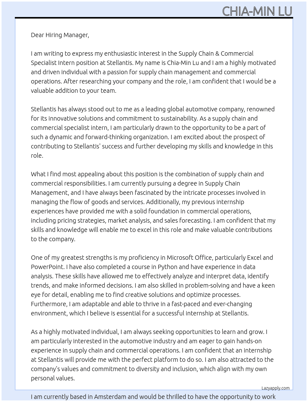Supply Chain & Commercial Specialist Intern At  Stellantis Cover Letter
