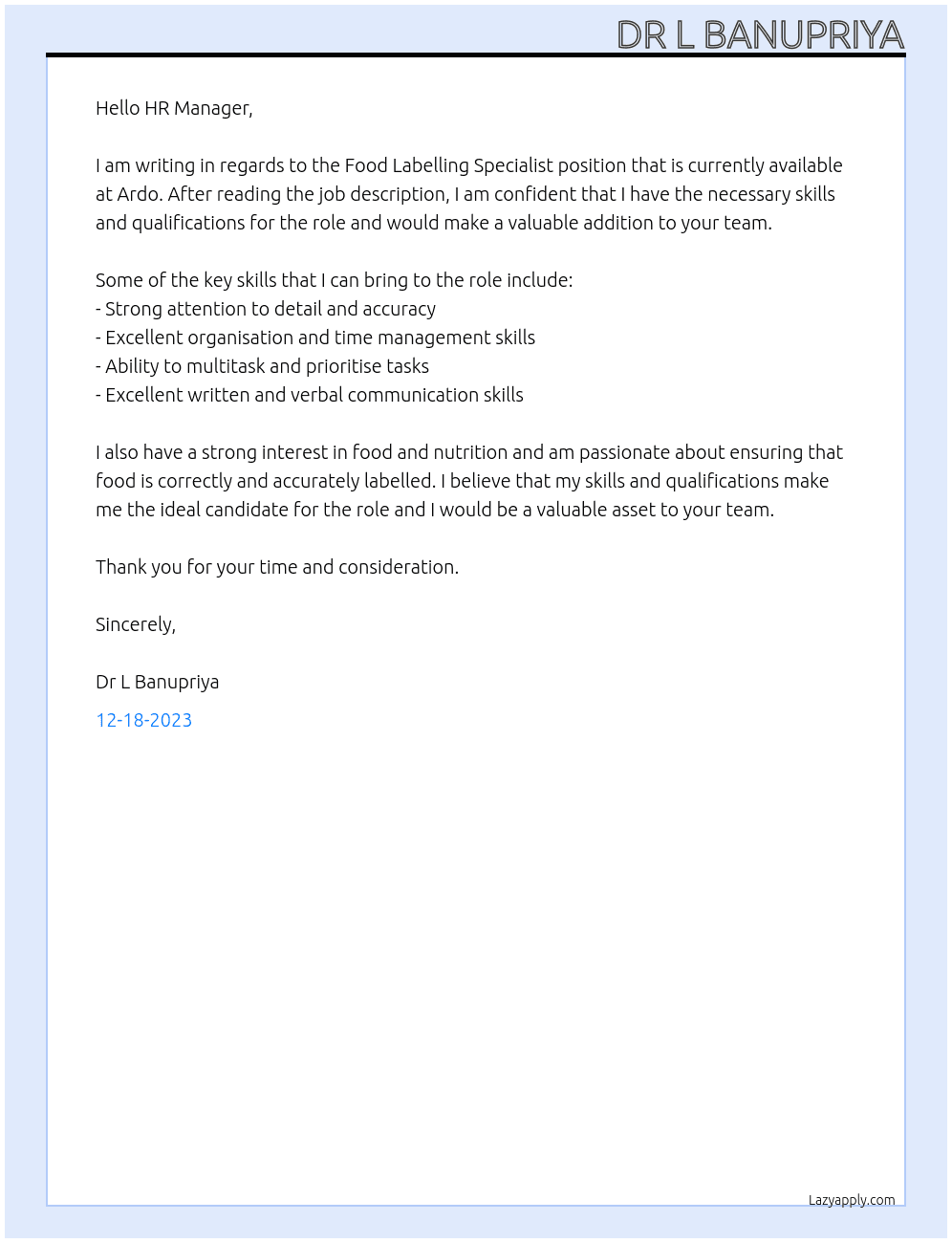 Food Labelling Specialist At Ardo  Cover Letter