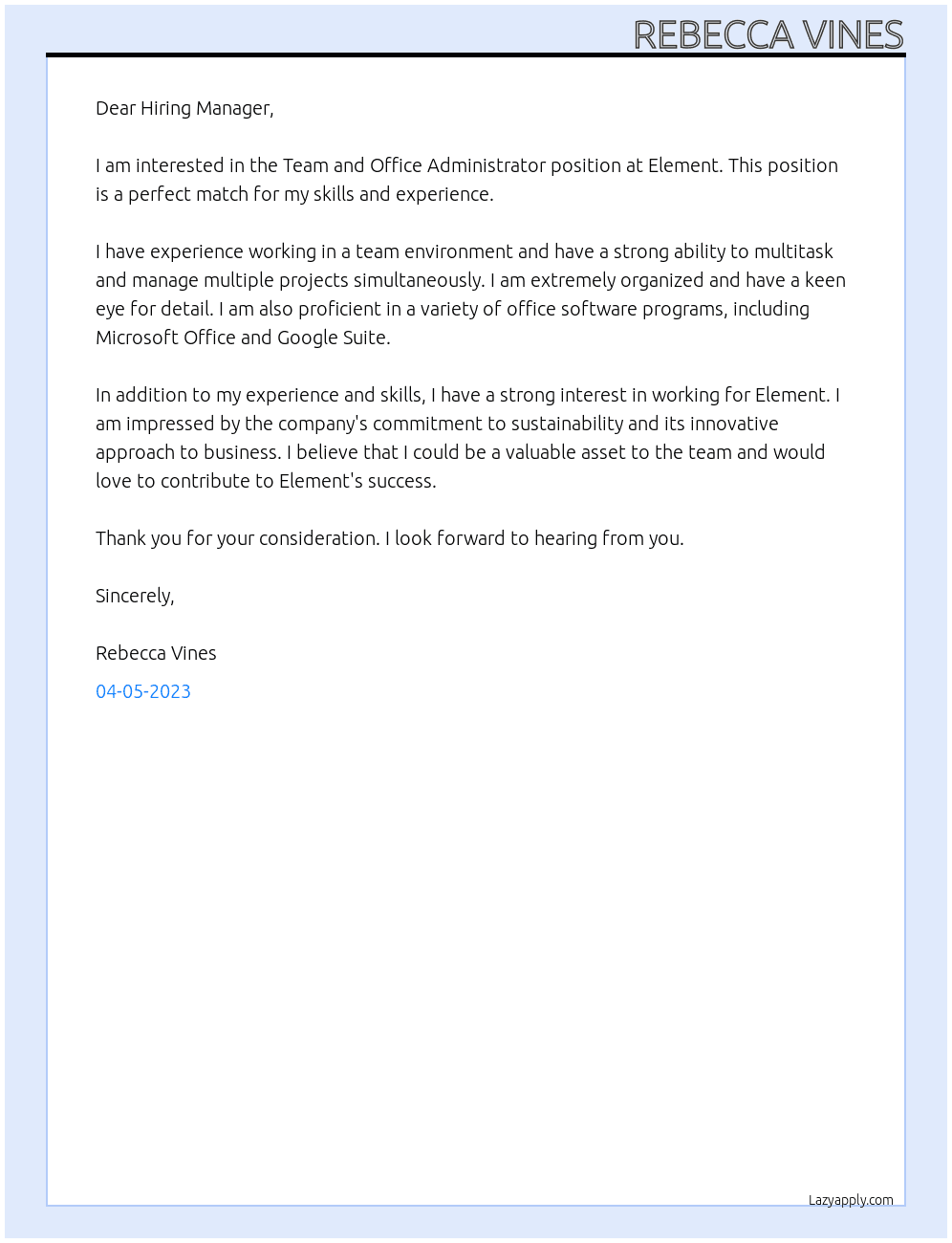 Team and Office Administrator At Element  Cover Letter