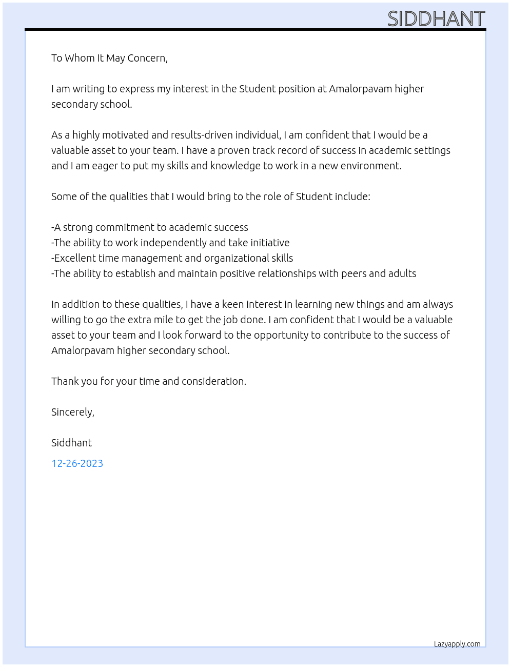 Student At Amalorpavam higher secondary school Cover Letter
