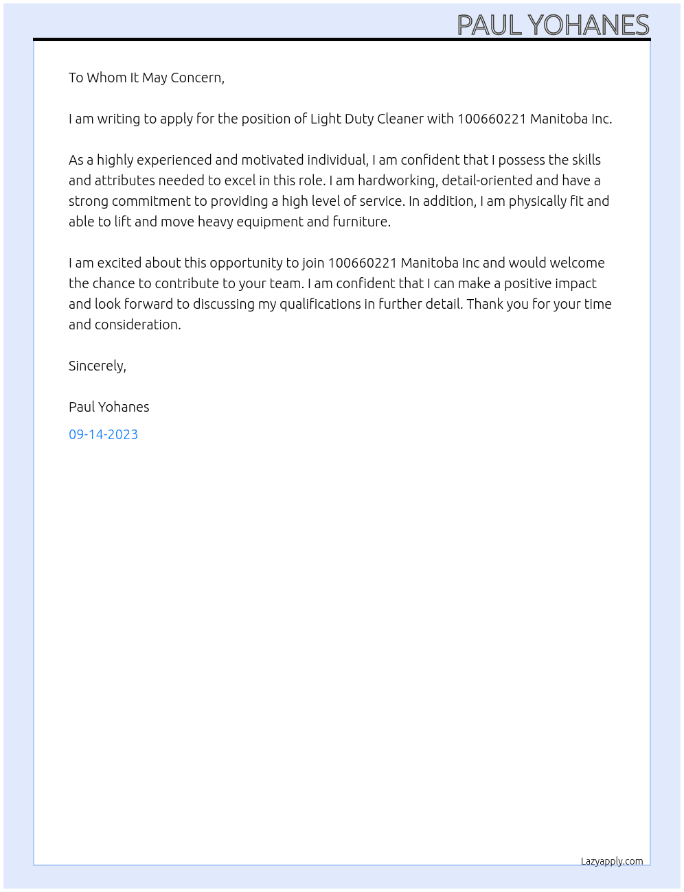 Light duty Cleaner  At 100660221 Manitoba Inc Cover Letter