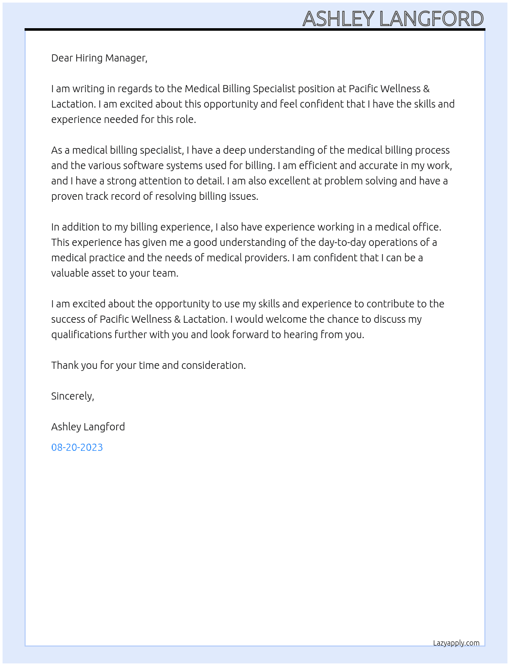 Medical Billing Specialist At Pacific Wellness & Lactation  Cover Letter