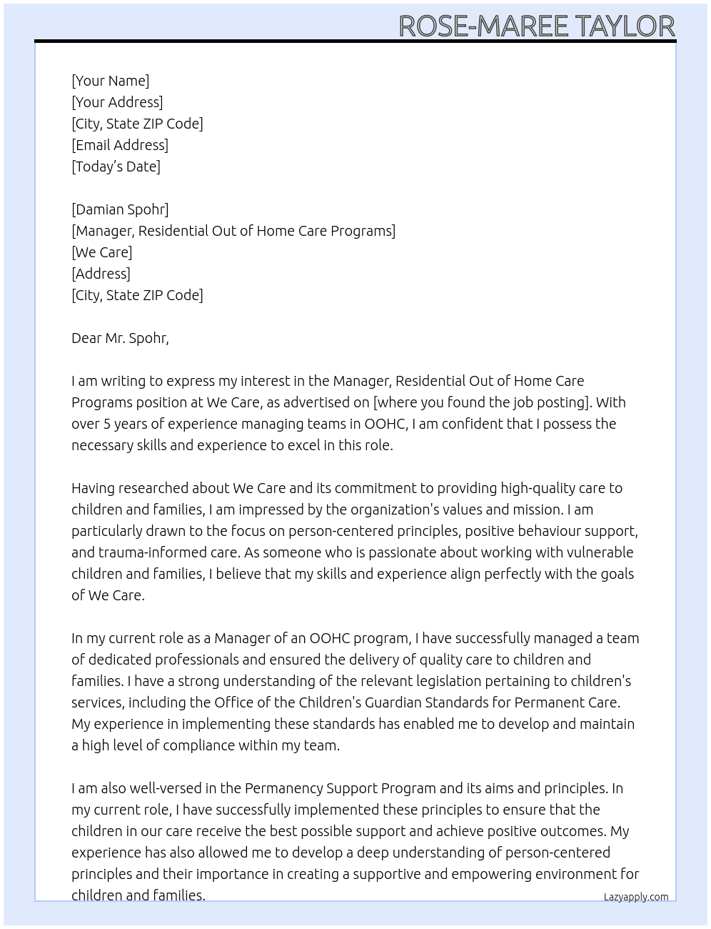 Manager, Residential Out of Home Care Programs At We Care  Cover Letter