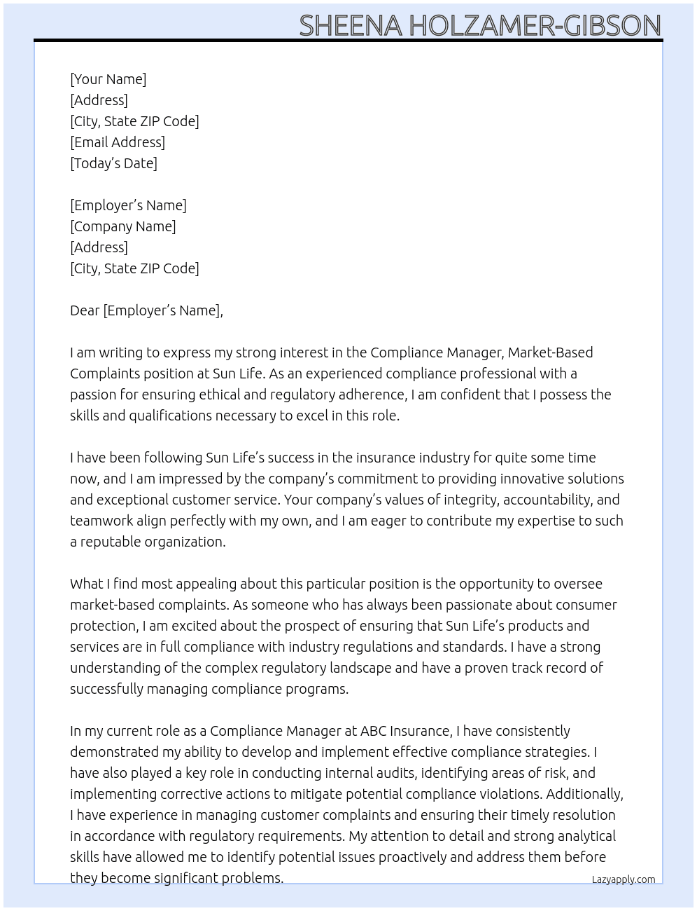 Compliance Manager, Market-Based Complaints At Sun Life  Cover Letter