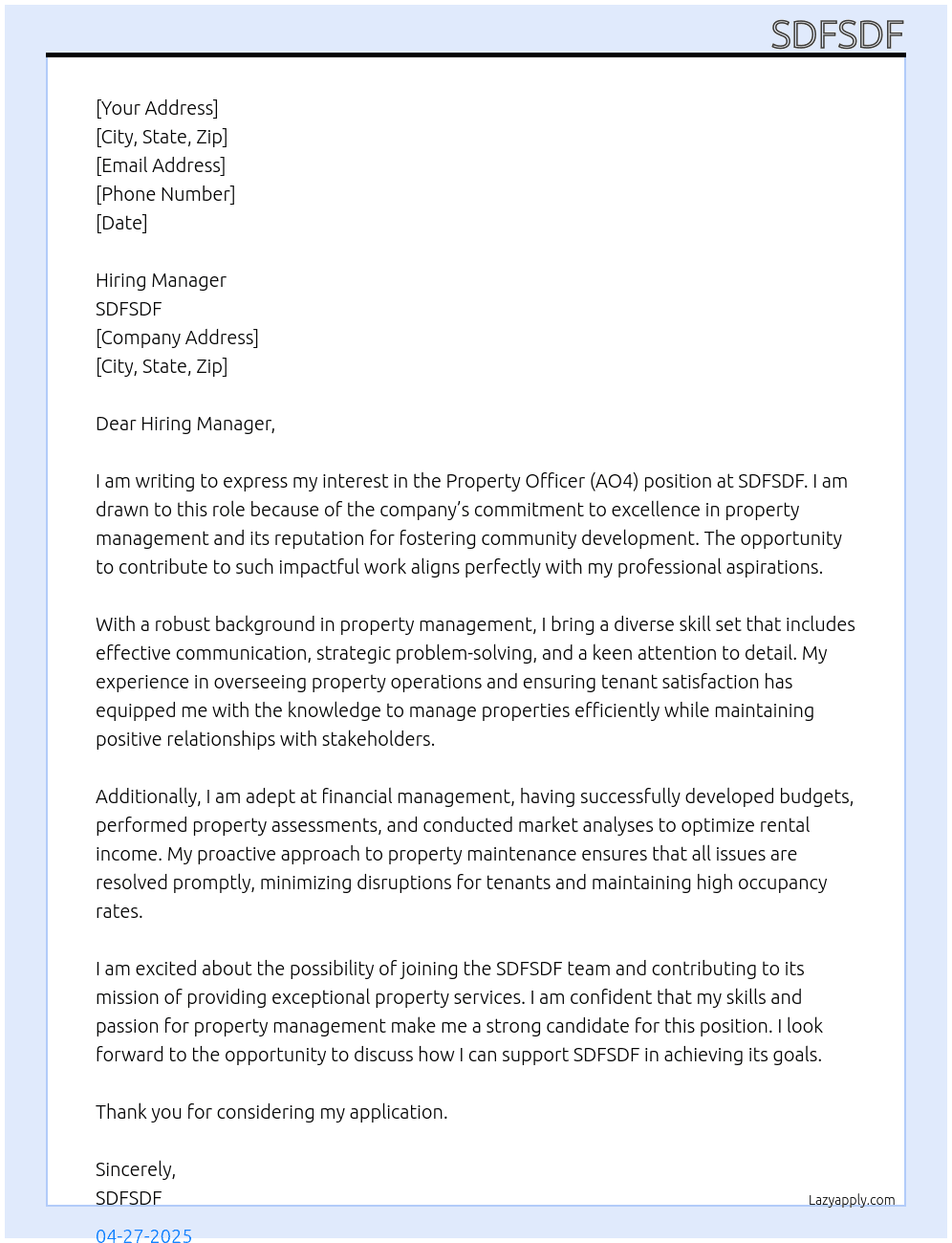 PROPERTY OFFICER (AO4) At SDFSDF Cover Letter