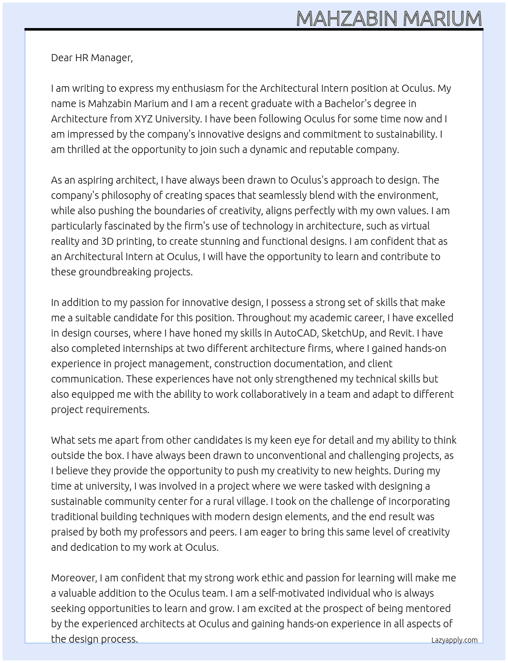 Architectural Intern At oculus Cover Letter