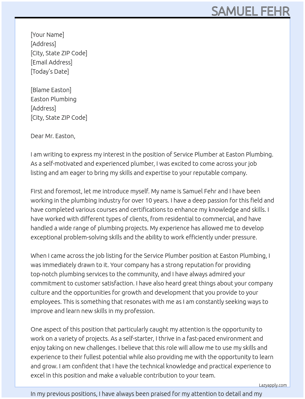 Service plumber At Easton plumbing Cover Letter