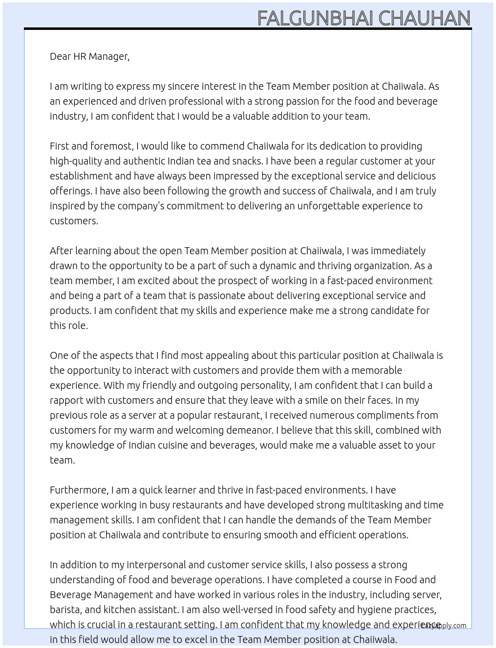 Team members  At Chaiiwala Cover Letter