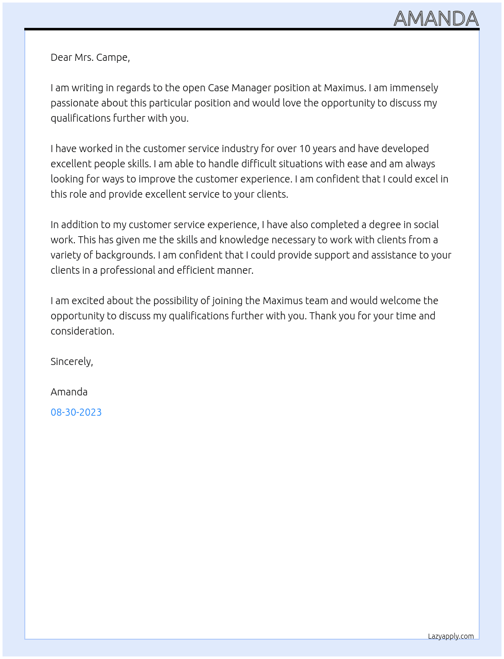 Case Manager At Maximus Cover Letter
