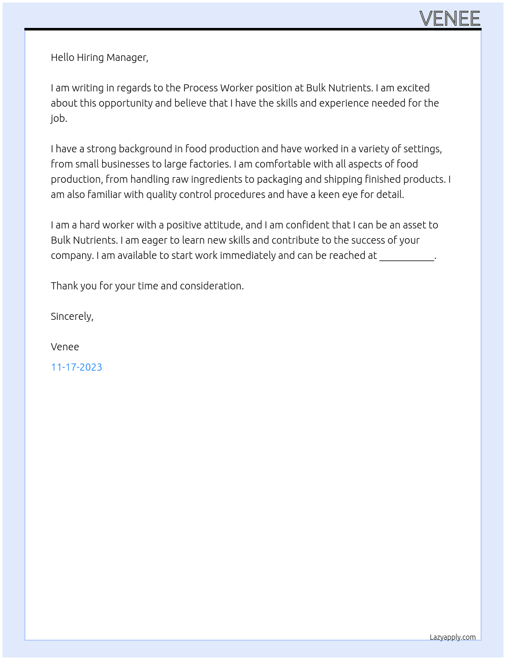 Process Worker At Bulk Nutrients Cover Letter