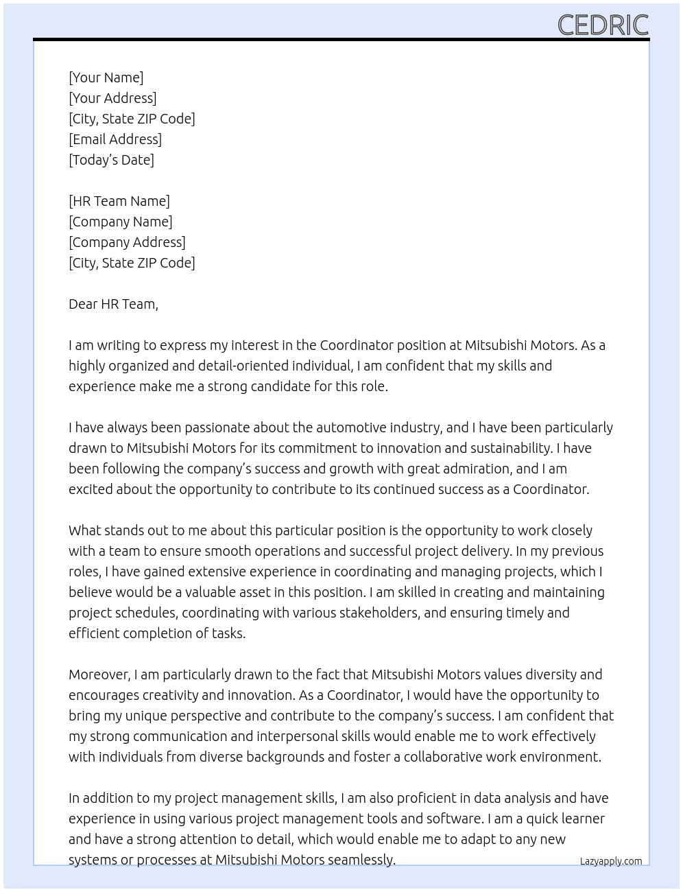 Coordinator At Mitsubishi Motors Cover Letter