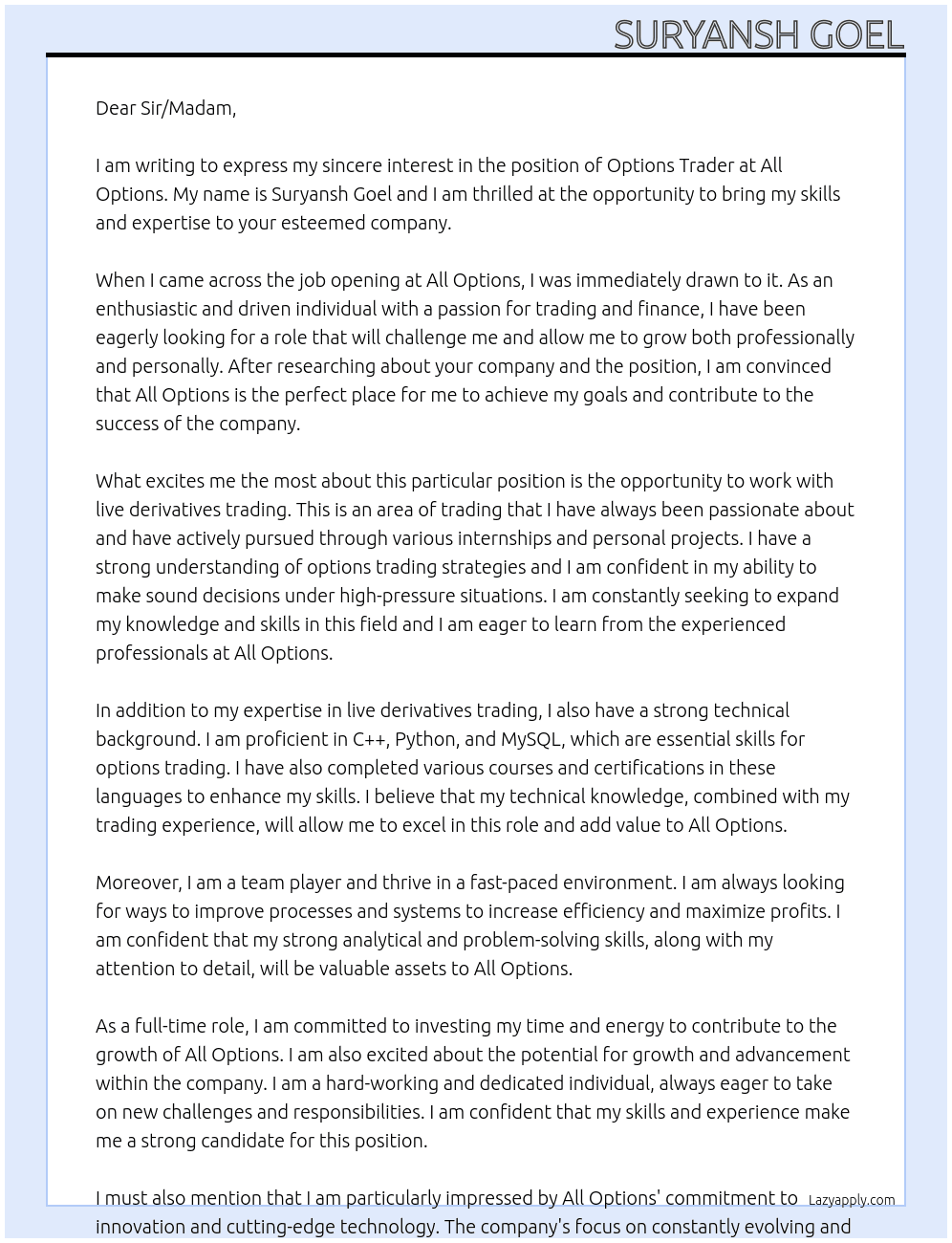 Options Trader At All Options Cover Letter