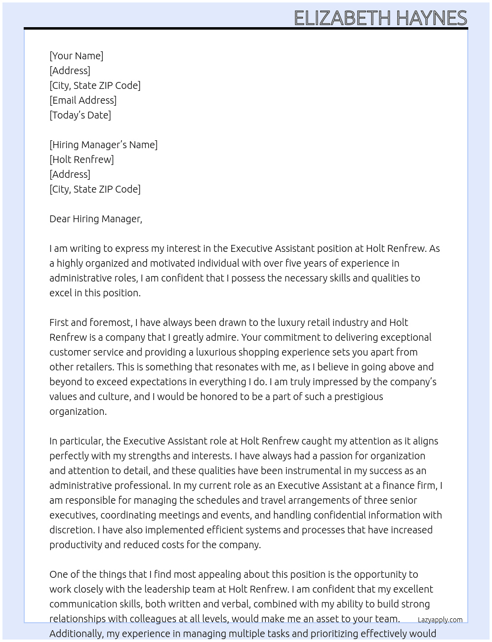 Executive Assistant At Holt Renfrew Cover Letter