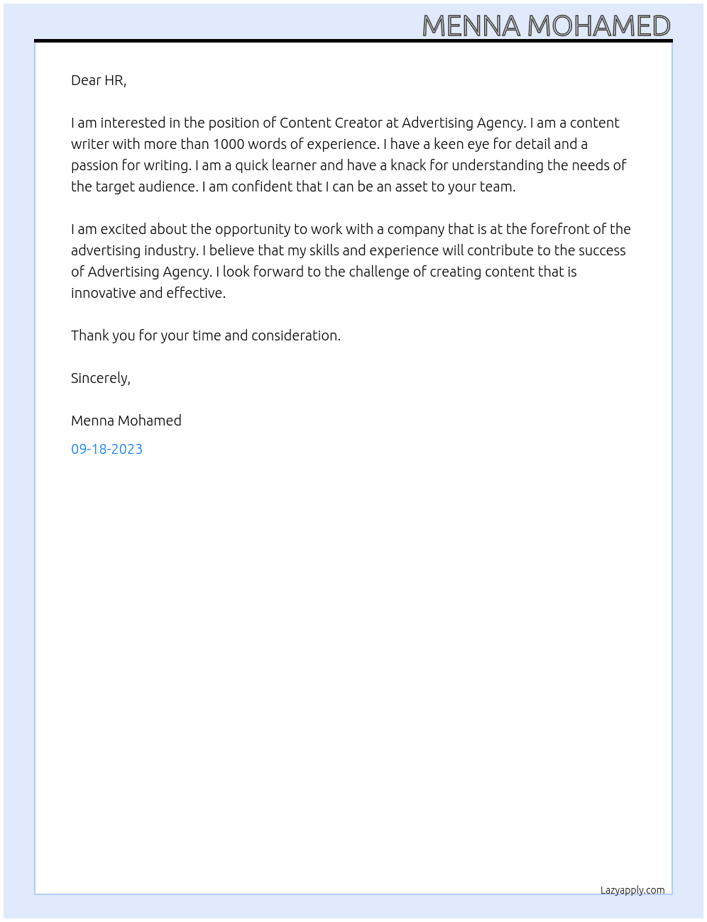Content Creator  At Advertising Agency  Cover Letter