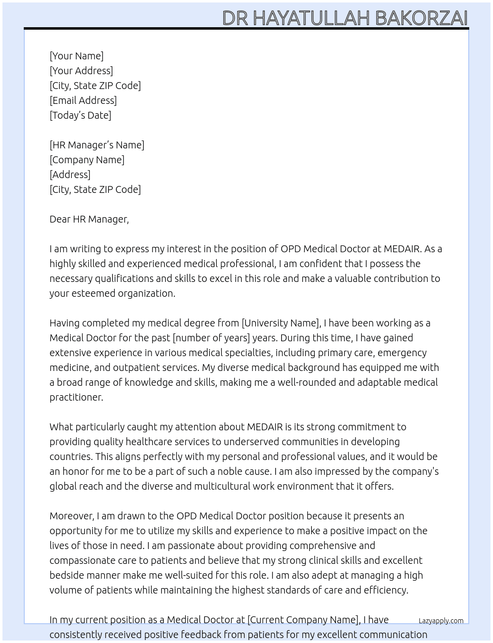 OPD medical Doctor At MEDAIR Cover Letter