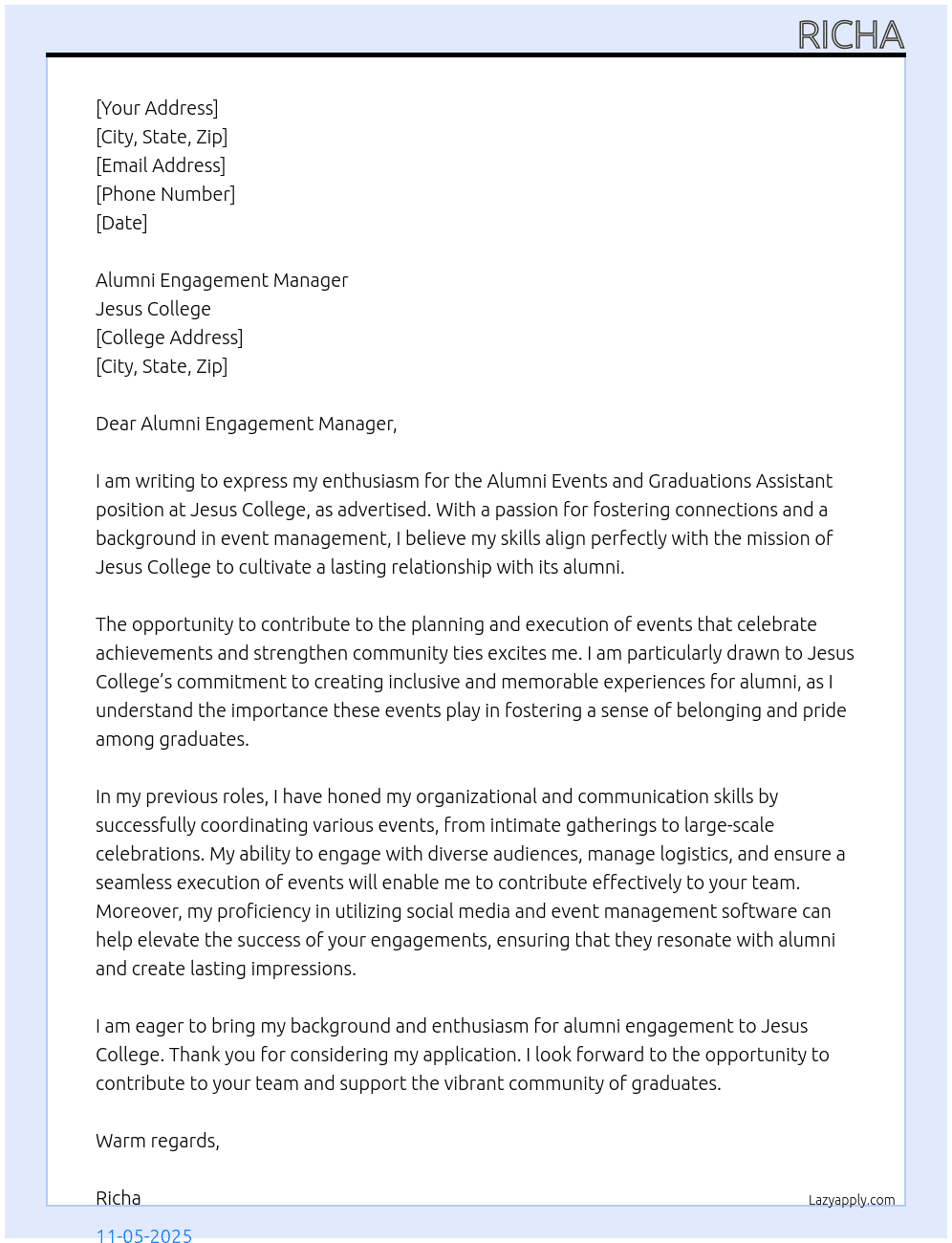 Alumni Events and Graduations Assistant  At Jesus College Cover Letter