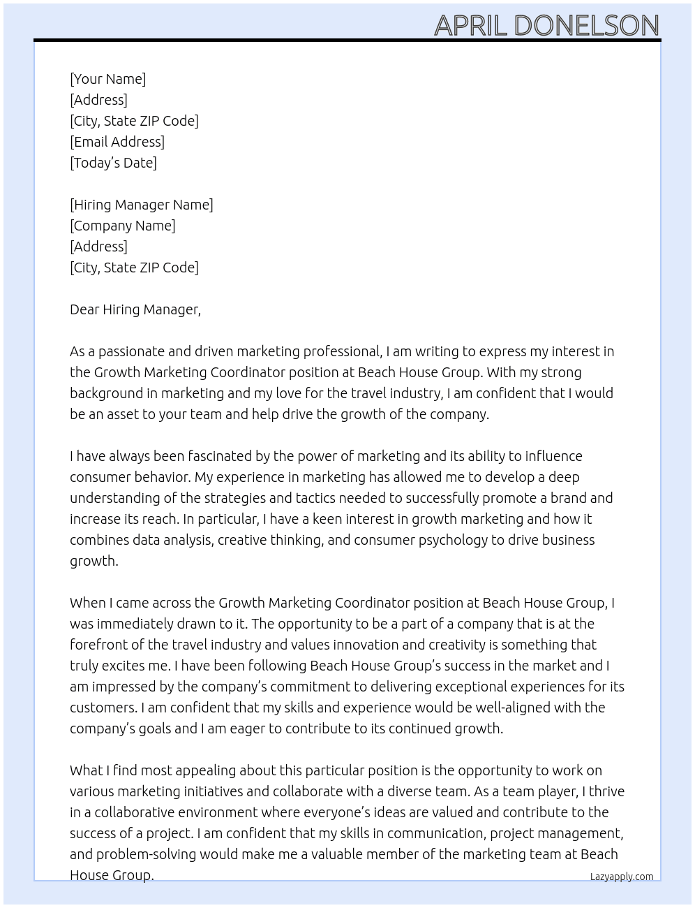 Growth Marketing Coordinator, BEIS Travel At Beach House Group Cover Letter
