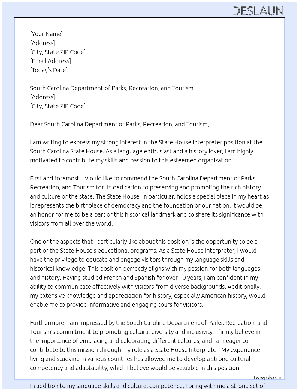 State House Interpreter At South Carolina State House Cover Letter