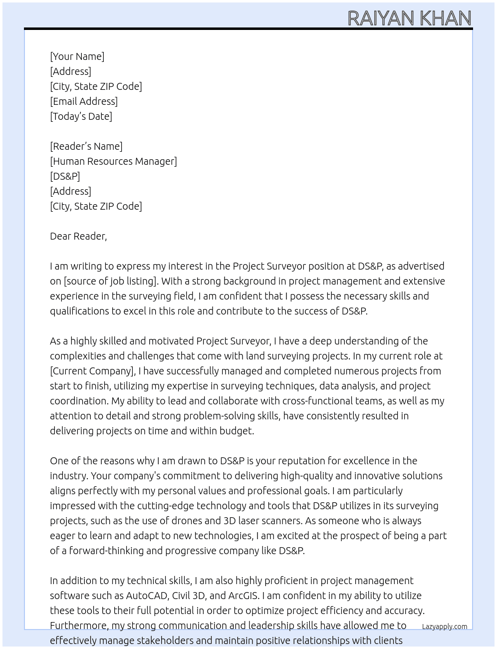 Project Surveyor At DS&P Cover Letter