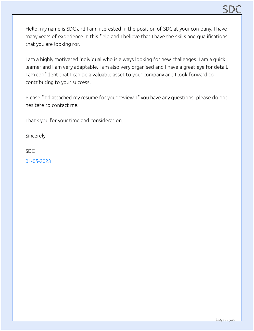 Cover letter for sdc - LazyApply