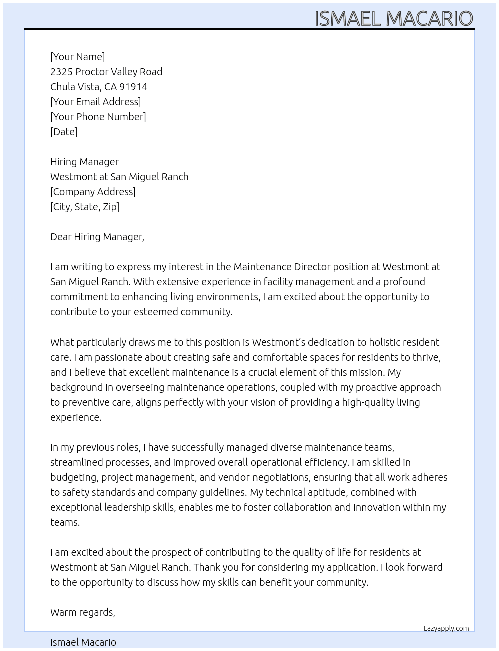 Maintenance Director At Maintenance Director Cover Letter