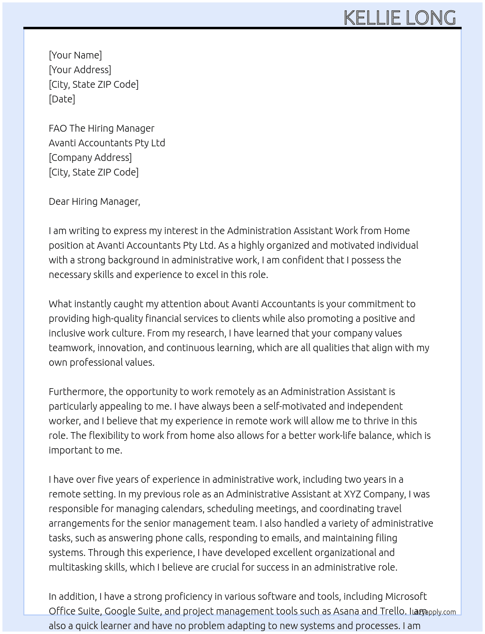 Administration Assistant Work from Home At Avanti Accountants Pty Ltd Cover Letter